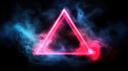 Striking visual of a neon triangle glowing amidst vibrant smoke clouds.