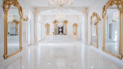 Luxurious white marble hallway with gold ornate mirrors and crystal chandelier.