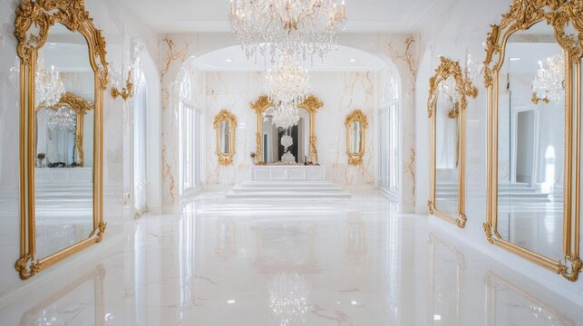 Luxurious white marble hallway with gold ornate mirrors and crystal chandelier.