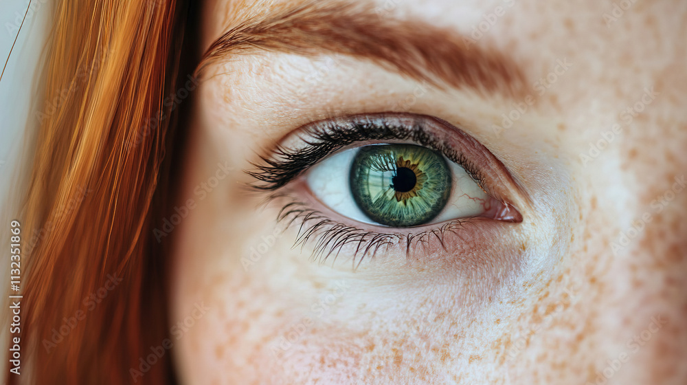 Poster close-up view of a green eye with vibrant details and natural freckles illuminated by soft light. ge