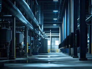 Industrial Facility Pipes, Machinery, and Blue Columns in a Dark Space