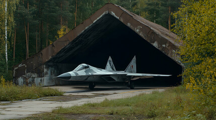 Camouflaged Fighter Jet Parked in Rustic Hangar,  Surrounded by Autumnal Forest