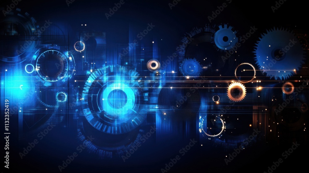 Poster exploring the intersection of technology and creativity with digital gear graphics.