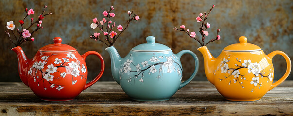 Fototapeta premium Three Teapots with Cherry Blossoms, A Still Life of Colorful Ceramic Teaware Decorated with Delicate Spring Flowers.
