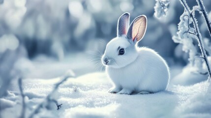 A white rabbit rests peacefully on a blanket of snow.