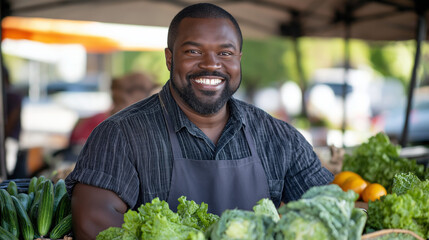 Fototapeta premium Smiling african american man selling fresh vegetables at outdoor farmers market