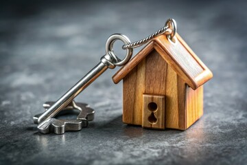 Silver House Keys Wooden House Keychains Grey Background Product Photography