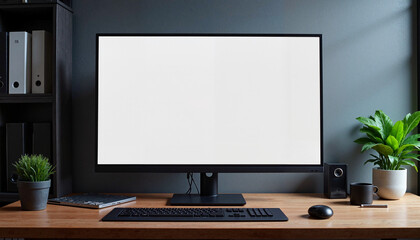 Fototapeta premium Digital banner mockup on large desktop monitor in modern office