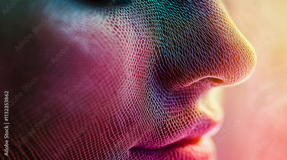 Poster abstract colorful face mesh, digital art background with vivid hues and intricate network