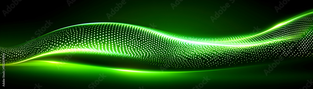 Poster vibrant green energy wave, abstract art design with glowing particles flowing dynamically across a d