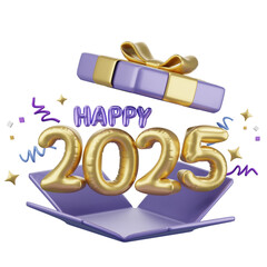 Happy New year 2025, Golden balloon text and opened gift box with cerebrate decoration, festival Day, Isolated Images, 3d illustration,