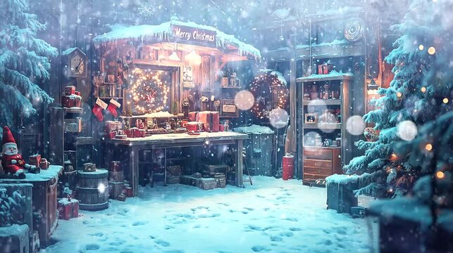 Santa's workshop Christmas background with text "Merry Christmas". seamless looping time-lapse virtual 4k video animation background