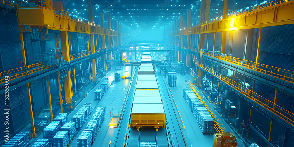Poster industrial factory, automated material handling system transports goods efficiently through modern f