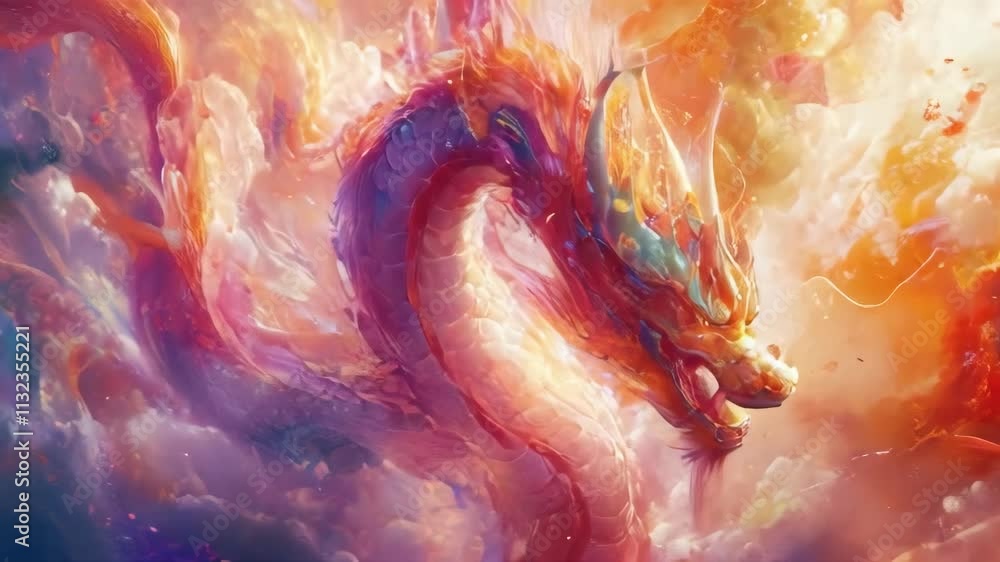 Poster a vibrant, ethereal dragon emerges from swirling, colorful clouds, creating a fantastical and mythic