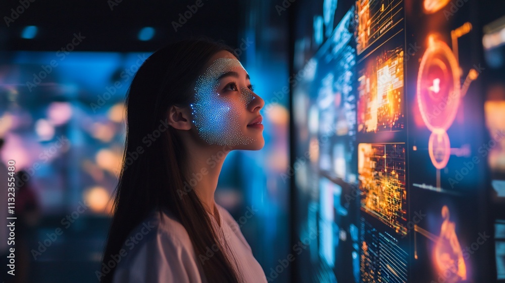 Poster a woman gazes at a digital display, immersed in technology and data visualization.