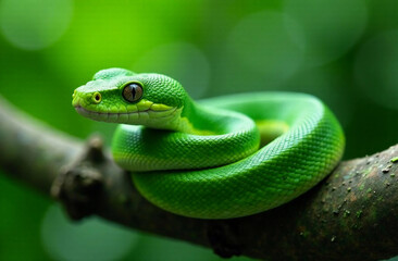 Fototapeta premium Green snake on a tree closeup