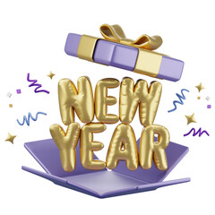Happy New year ,golden balloon text and opened gift box with new year cerebrate decoration, festival Day, Isolated Images, 3d illustration