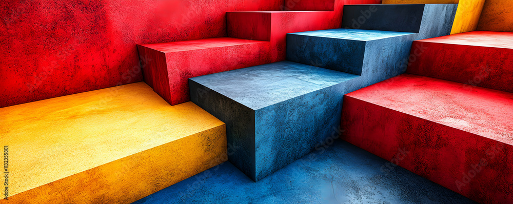 Poster abstract colorful cubes, geometric red, blue, yellow blocks arranged in a staircase pattern on a tex