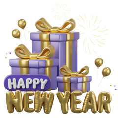 Happy New year ,golden balloon text and  gift boxes with new year cerebrate decoration, festival Day, Isolated Images, 3d illustration,