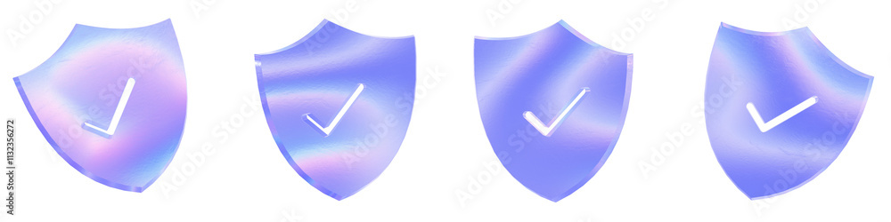 Poster set of 4 3d glass checkmark in a shield shape with aberration effect isolated on a transparent backg