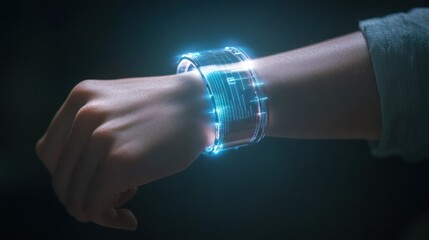 A sleek wearable AI device projected on a human wrist, advanced interface aesthetics, 