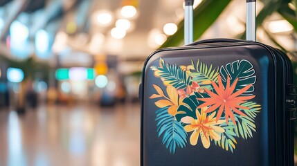 Tropical Die Cut Sticker on Luggage in Airport Terminal for Travel and Adventure