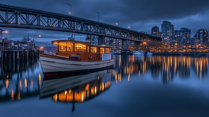 Obraz premium Serene Twilight: Yacht at Granville Island, Vancouver