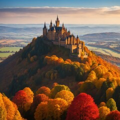 Hohenzollern Castle in Autumn at Sunrise, Generatif Ai
