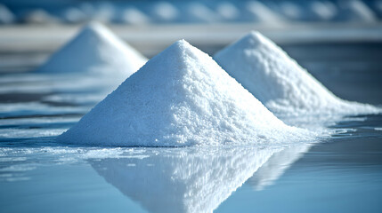 Salt Harvest, Conical Piles of White Sea Salt Reflecting on Calm Water