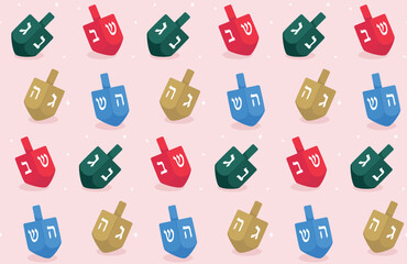 Colourful hanukkah dreidels seamless pattern. Spinning wooden toys for children with letters on four sides. Traditional Jewish holiday game. Vector illustration in cartoon style.