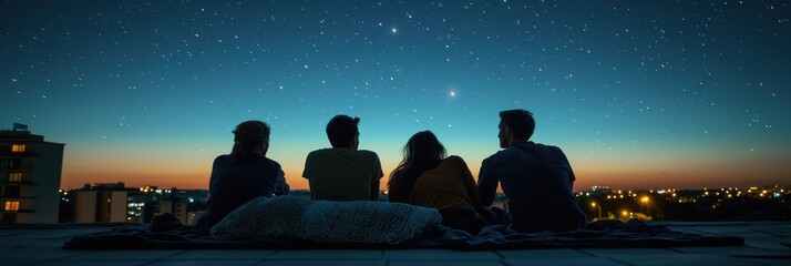 Friends enjoying a starlit evening on a rooftop overlooking a vibrant cityscape at twilight. Generative AI