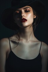 Fototapeta premium Closeup of Beautiful Female Model Posing In Black Dress And Black Hat