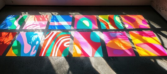 Colorful Die Cut Stickers Display on Concrete Floor with Dramatic Lighting for Creative Designs