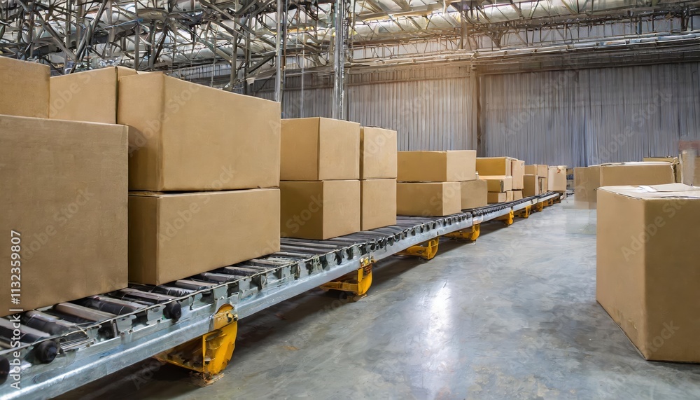 Poster efficient conveyor belt system in a warehouse loaded with boxes for streamlined logistics and transp