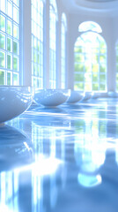 Obraz premium Serene White Bowls Reflecting Light in a Sunlit Hallway