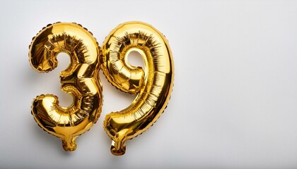Fototapeta premium Number 39 golden balloons on white background with copy space. Generated image