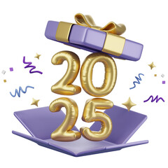 Happy New year 2025 ,golden balloon text and opened gift box with new year cerebrate decoration, festival Day, Isolated Images, 3d illustration