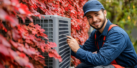 HVAC Technician Inspecting Air Conditioner Unit Against Autumn Foliage