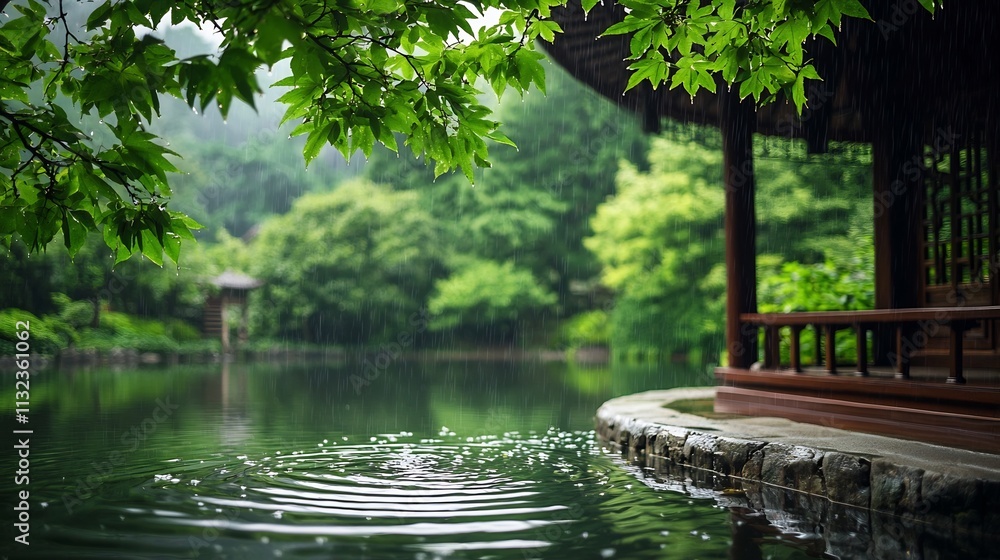 Poster a peaceful resort scene with raindrops creating gentle ripples in a serene pond surrounded by vibran