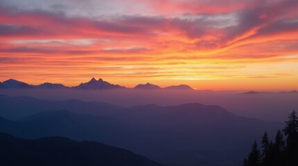 Obraz premium A stunning sunset view near Sella Nevea, Italy, with vibrant hues of orange, pink, and purple painting the sky above the majestic mountains. 