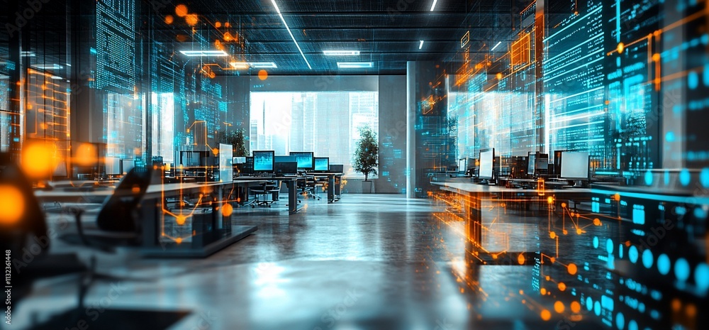 Poster modern office space with digital data visualization elements.