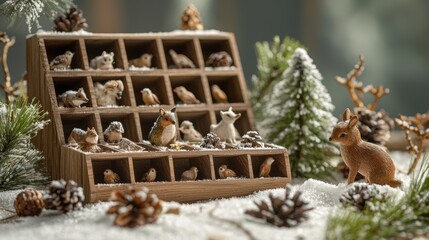 Nature-Inspired Advent Calendar with Handcrafted Forest Animals and Snowy Pine Branches