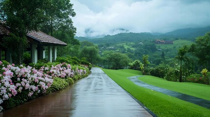 Fototapeta premium Tranquil Hilltop Resort Overlooking Misty Landscape on a Rainy Day with Soft Clouds Rolling Over the Wet Walkways and Blooming Flowers