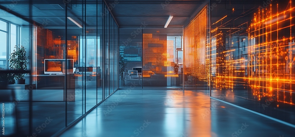 Aufkleber modern office space with glass walls and digital data visuals.