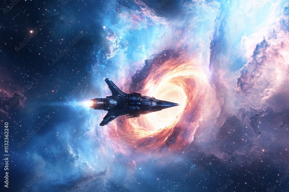 Poster exploring interstellar travel a sleek spacecraft navigating wormholes amidst vibrant star fields adv