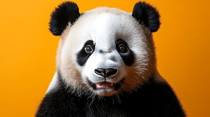 Obraz premium Close-up portrait of a giant panda against a vibrant orange background.