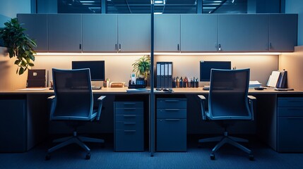 Modern office workspace with two desks, computers, and organized supplies.