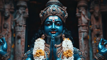 Obraz premium Vishnu is the god of Preservation, the great maintainer who often appears in various incarnations avatara to provide salvation for humanity Some of his best-known avatars who are tremendously pop. AI.