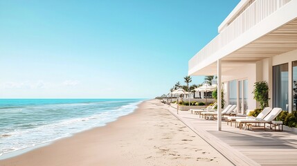 Fototapeta premium Luxurious Beachfront Resort Offering Tranquil Seaside Escape with White Lounge Chairs Gentle Turquoise Waves and Cloudless Skies