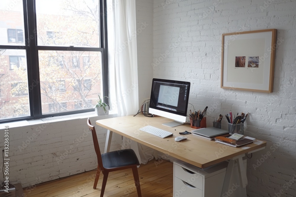 Aufkleber create a minimalist home office setup inspiring workspace with desk and computer against white brick